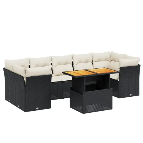 Vrtna garnitura - 8-dijelni set vrtnih sofa od poliratana s jastucima crni - Crna i krem 3x srednja + 4x kutna + stol 1 Cijena