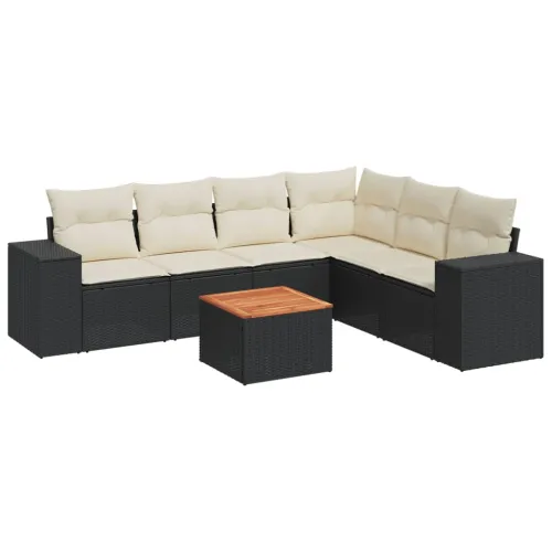 Vrtna garnitura - 7-dijelni set vrtnih sofa od poliratana s jastucima crni - Crna i krem kutna + stol + 3x srednja Cijena