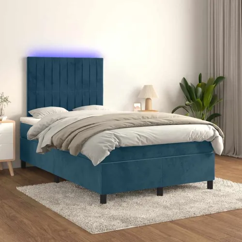 Boxspring - Krevet s oprugama i madracem LED tamnoplavi 120 x 190 cm baršun - Tamno plava 120 x 190 cm Okomite pruge Tamno plava Cijena