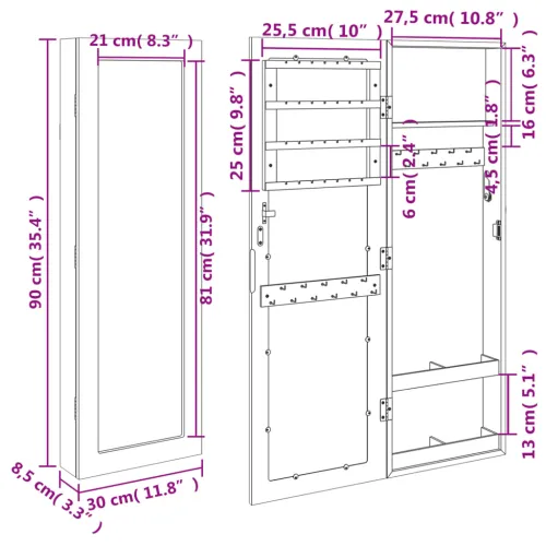 Zidni ormarić za nakit s ogledalom 30 x 8,5 x 90 cm - Smeđa Cijena