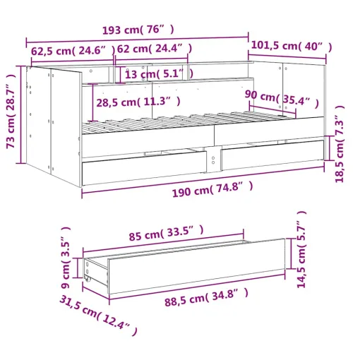Dnevni krevet s ladicama bez madraca boja hrasta 90x190 cm - Sonoma hrast 90 x 190 cm Cijena