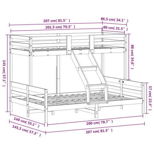 Krevet na kat 80 x 200/140 x 200 cm od masivne borovine - Prirodna Cijena