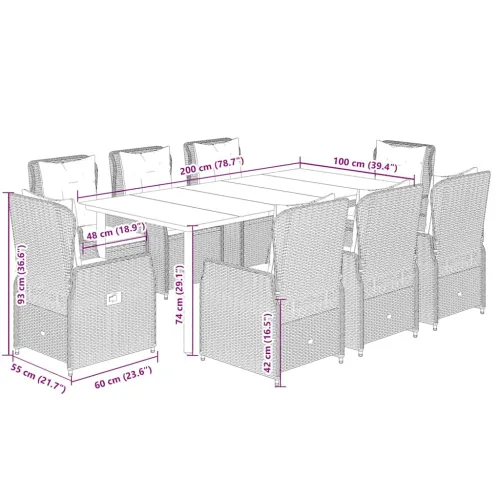 Vrtna garnitura - 9-dijelni vrtni blagovaonski set s jastucima crni od poliratana - Crna 200 x 100 x 74 cm 8 Cijena