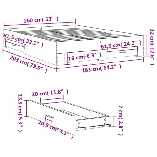 Okvir za krevet s ladicama boja hrasta 160x200 cm drveni - Sivi hrast sonoma 160 x 200 cm Cijena