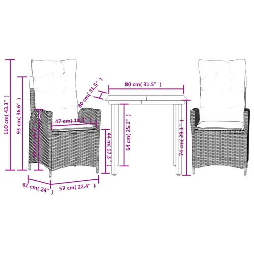 Vrtna garnitura - 3-dijelni vrtni blagovaonski set od poliratana s jastucima bež - 80 x 80 x 74 cm 2 bez naslona za noge Cijena