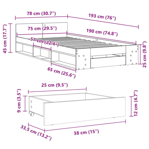 Okvir kreveta s ladicom crni 75 x 190 cm konstruirano drvo - Crna 75 x 190 cm Cijena