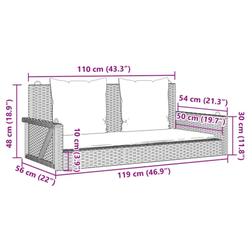 Klupa za ljuljanje s jastucima crna 119x56x48 cm poli ratan - Crna Da Cijena
