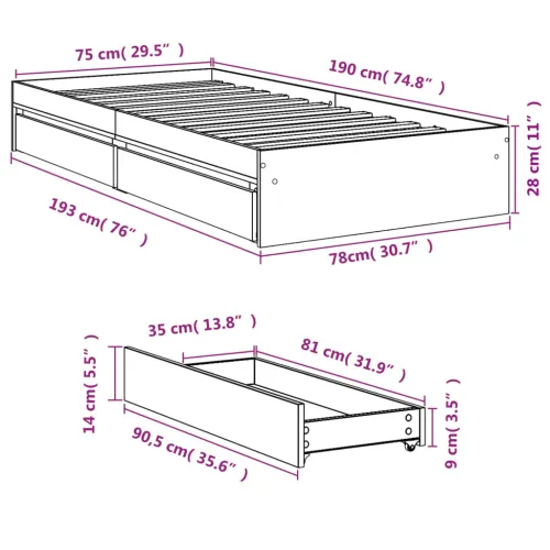 Okvir kreveta s ladicama boja dimljenog hrasta 75x190 cm drveni - Dimljeni hrast 75 x 190 cm Cijena