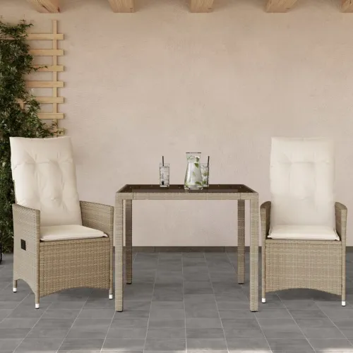 3-dijelni bistro set s jastucima bež od poliratana - 90 x 90 x 75 cm 2 bez naslona za noge Cijena