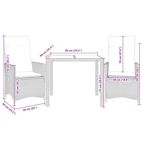 3-dijelni bistro set s jastucima bež od poliratana - 90 x 90 x 75 cm 2 bez naslona za noge Cijena