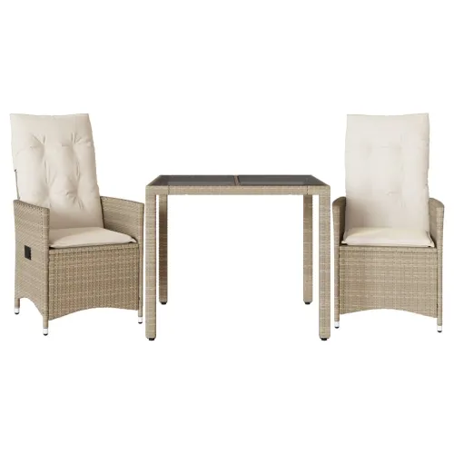 3-dijelni bistro set s jastucima bež od poliratana - 90 x 90 x 75 cm 2 bez naslona za noge Cijena
