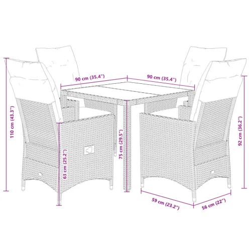 Vrtna garnitura - 5-dijelni vrtni blagovaonski set od poliratana s jastucima bež - 90 x 90 x 75 cm 4 bez naslona za noge Cijena