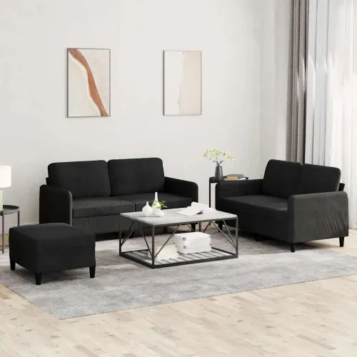 3-dijelni set sofa crni baršunasti - Crna 1 s jastučićima i tabureom Cijena