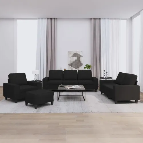 4-dijelni set sofa crni od tkanine - Crna s jastučićima i tabureom Cijena