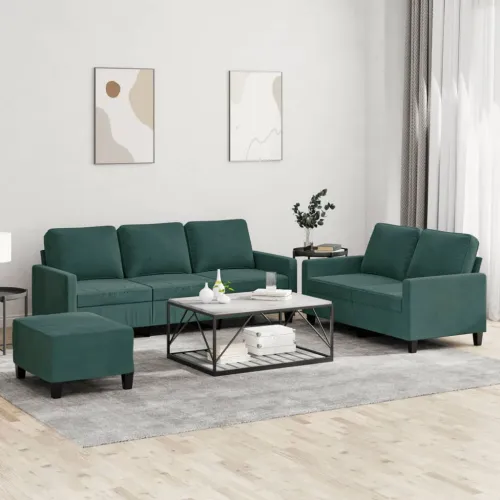 3-dijelni set sofa s jastucima tamnozeleni baršunasti - Tamnozelena Sa naslonom za noge Cijena