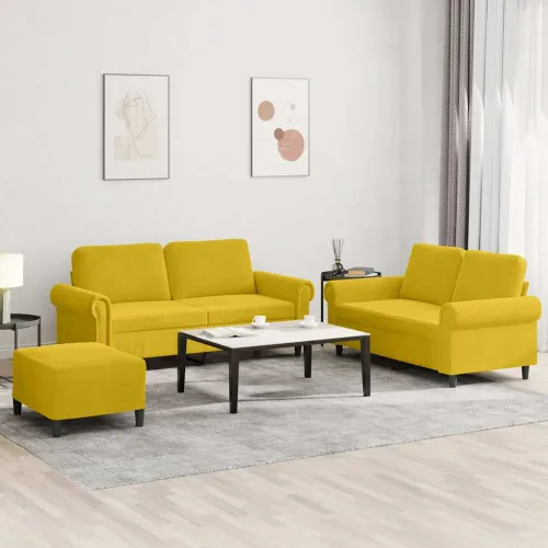 3-dijelni set sofa s jastucima žuti baršunasti - Žuta 1 S osloncem za noge Cijena