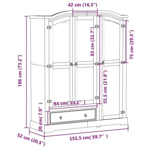 Ormar Corona 151,5 x 52 x 186 cm od masivne borovine - Smeđa 1 1 Cijena