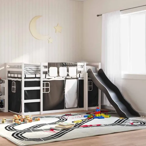 Krevet na kat s toboganom i zavjesama bijelo-crni 90 x 200 cm - Bijela i crna 90 x 200 cm Cijena