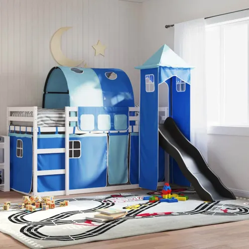 Krevet na kat s toboganom i zavjesama plavi 90 x 200 cm - Bijela i plava 90 x 200 cm Cijena
