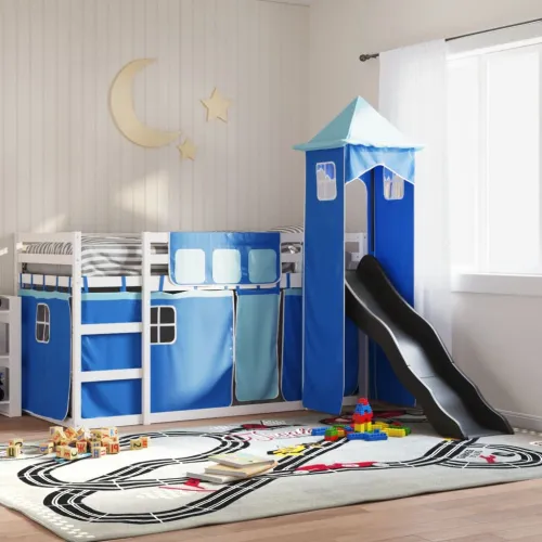 Krevet na kat s toboganom i zavjesama plavi 90 x 200 cm - Bijela i plava 90 x 200 cm Cijena