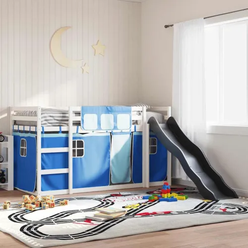 Krevet na kat s toboganom i zavjesama plavi 90 x 200 cm - Bijela i plava 90 x 200 cm Cijena