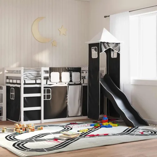 Krevet na kat s toboganom i zavjesama bijelo-crni 90 x 200 cm - Bijela i crna 90 x 200 cm Cijena