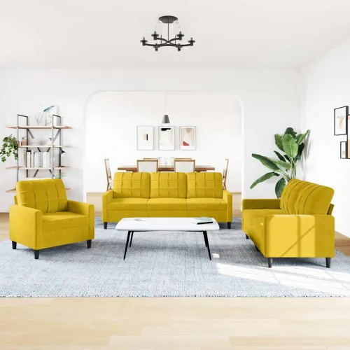 3-dijelni set sofa s jastucima žuti baršunasti - Žuta 1 Bez oslonca za noge Cijena