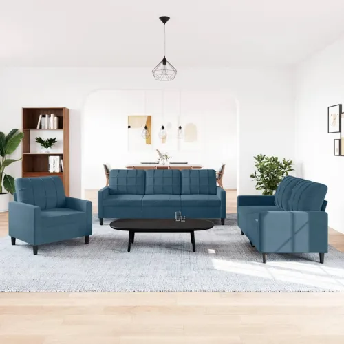 3-dijelni set sofa s jastucima plavi baršunasti - Plava 1 Bez oslonca za noge Cijena