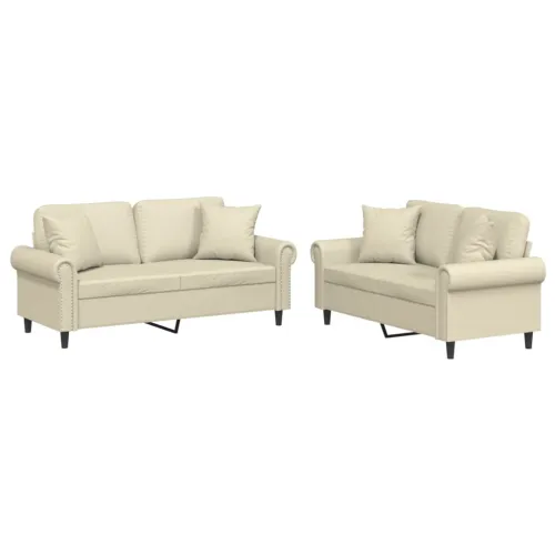 2-dijelni set sofa s jastucima krem od umjetne kože - Krema s jastučićima Cijena