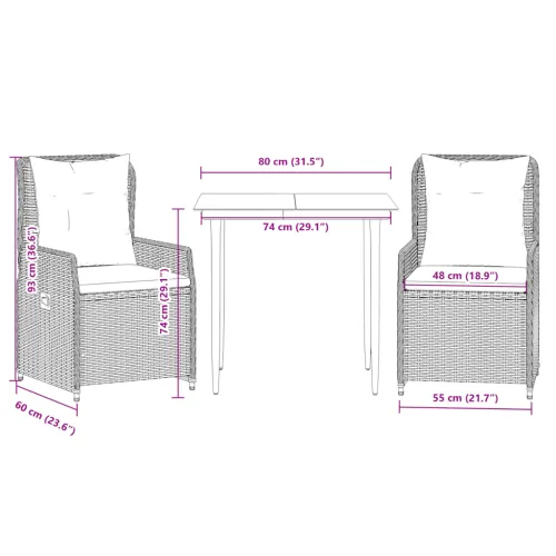 Vrtna garnitura - 3-dijelni vrtni blagovaonski set s jastucima od poliratana crni - Crna 80 x 80 x 74 cm 2 Cijena