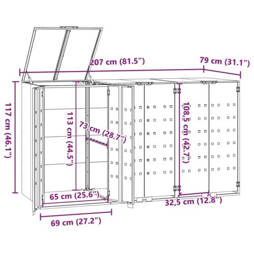 Spremište za 3 kante za otpad crno 207 x 79 x 117 cm čelično - Crna poklopac s plinskim podizanjem 3 1 Cijena