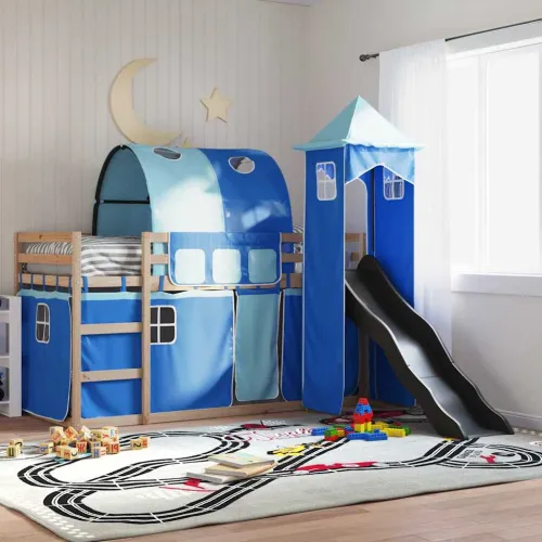 Krevet na kat s toboganom i zavjesama plavi 80 x 200 cm - Plava 80 x 200 cm Cijena