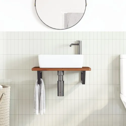 Zidna polica za Lavabo - Umivaonik od čelika i masivne hrastovine - tamno smeđa i crna 60 x 40 x 2.5 cm 1 Trapez Cijena