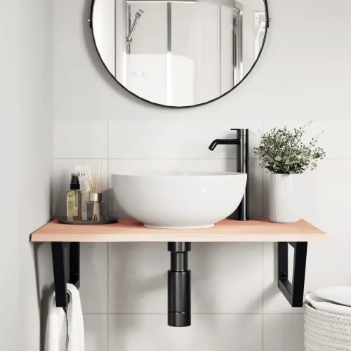 Zidna polica za Lavabo - Umivaonik od čelika i masivne hrastovine - Smeđa i crna 80 x 50 x 2 cm Trapez Cijena