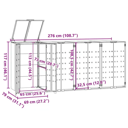 Spremište za kante za smeće - Spremište za 4 kante za otpad sivo 276x79x117 cm čelično - Siva 4 poklopac s plinskim podizanjem Cijena