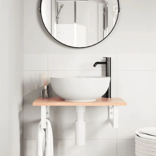 Zidna polica za Lavabo - Umivaonik od čelika i masivne hrastovine - svijetlo smeđa i bijela 60 x 40 x 2 cm Pravokutno Cijena