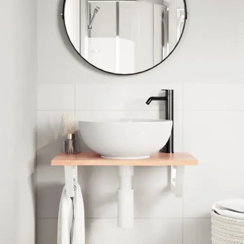 Zidna polica za Lavabo - Umivaonik od čelika i masivne hrastovine - svijetlo smeđa i bijela 60 x 40 x 2 cm Trapez Cijena