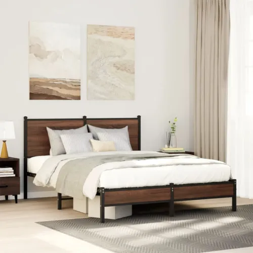 Metalni okvir kreveta bez madraca smeđa boja hrasta 150x200 cm - Smeđi hrast 150 x 200 cm s uzglavljem i niskim podnožjem Cijena