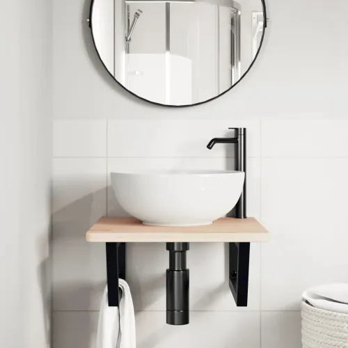 Zidna polica za Lavabo - Umivaonik od čelika i masivne hrastovine - Smeđa i crna 50 x 50 x 2.5 cm 1 Trapez Cijena