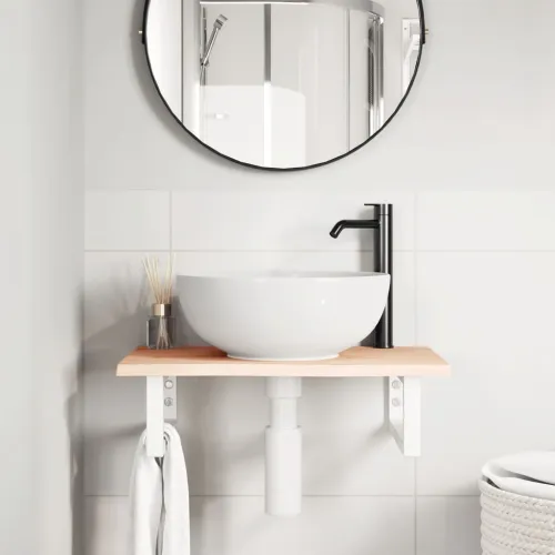 Zidna polica za Lavabo - Umivaonik od čelika i masivne hrastovine - Smeđa i bijela 60 x 40 x 2 cm Pravokutno Cijena