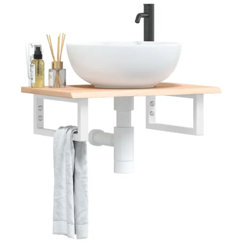 Zidna polica za Lavabo - Umivaonik od čelika i masivne hrastovine - Smeđa i bijela 60 x 40 x 2 cm Pravokutno Cijena
