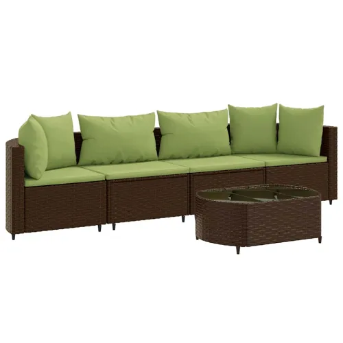 Vrtna garnitura - 5-dijelni set vrtnih sofa s jastucima poliratan smeđi - Smeđe-zelena 4 Cijena