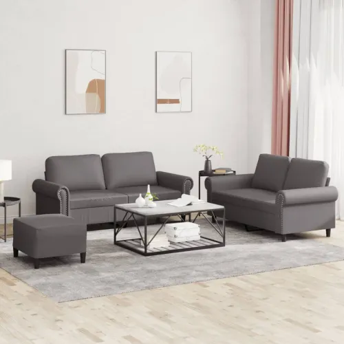 3-dijelni set sofa s jastucima sivi od umjetne kože - Siva S osloncem za noge Siva S osloncem za noge Cijena