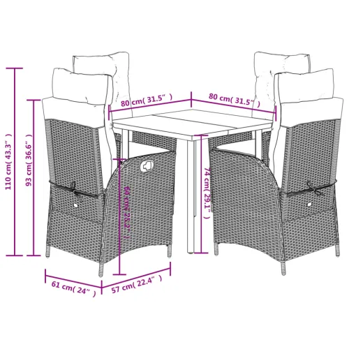 Vrtna garnitura - 5-dijelni vrtni blagovaonski set s jastucima od poliratana crni - Crna 80 x 80 x 74 cm Četverosjed (2 stolice  Cijena