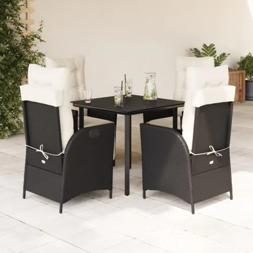 Vrtna garnitura - 5-dijelni vrtni blagovaonski set s jastucima od poliratana crni - Crna 80 x 80 x 74 cm Četverosjed (2 stolice  Cijena