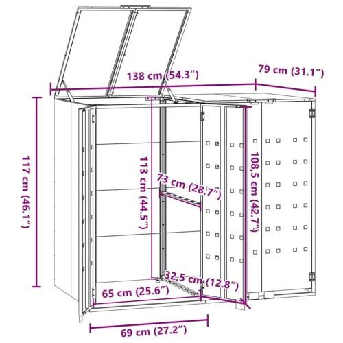 Spremište za kante za smeće - Spremište za 2 kante za otpad sivo 138x79x117 cm čelično - Siva 2 poklopac s plinskim podizanjem Cijena