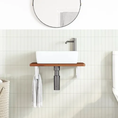 Zidna polica za Lavabo - Umivaonik od čelika i masivne hrastovine - tamno smeđe i bijele boje 60 x 40 x 2.5 cm 1 Trapez Cijena