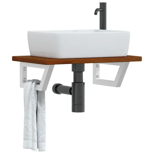 Zidna polica za Lavabo - Umivaonik od čelika i masivne hrastovine - tamno smeđe i bijele boje 60 x 40 x 2.5 cm 1 Trapez Cijena