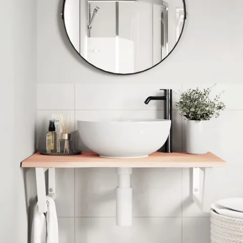 Zidna polica za Lavabo - Umivaonik od čelika i masivne hrastovine - Smeđa i bijela 80 x 50 x 2 cm Trapez Cijena