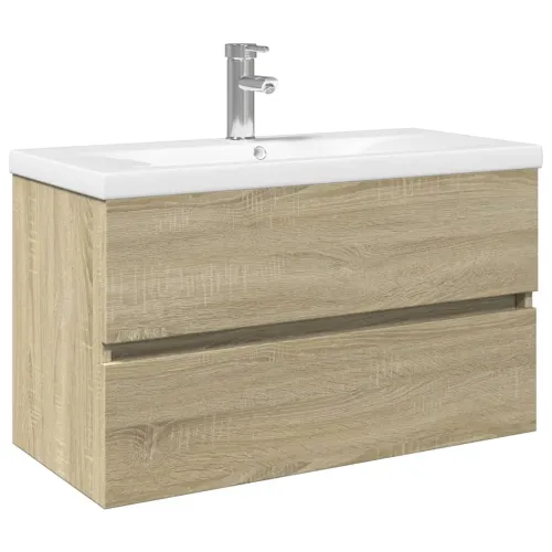 2-dijelni set kupaonskog namještaja od keramike i drva - sonoma hrast 80 x 38.5 x 45 cm sa slavinom i odvodom Cijena